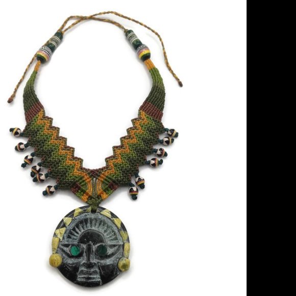 925 Sterling Silver and Ceramic Inca Sun Necklace from Peru  Peruvian Macrame Necklace Inca Sun God Design